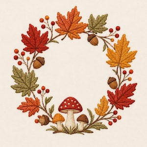 Autumn Wreath Embroidery Design, Fall Leaves and Mushroom Wreath Machine Embroidery Pattern, Rustic Woodland Decor (Digital Download)