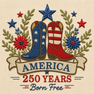 May include: Embroidered design featuring cowboy boots in red, white, and blue, with stars and stripes. The word "AMERICA" is displayed on a banner, along with "250 YEARS Born Free". Floral and star accents complete the patriotic theme.