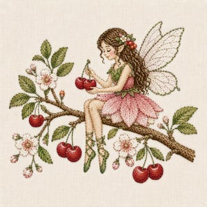 May include: Embroidered image of a fairy on a branch with cherries. The fairy is dressed in a pink petal skirt and green top. The branch features cherries and white flowers. The fairy has brown hair and white wings.