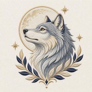 May include: An embroidery design featuring a profile of a grey wolf head set against a circular moon background. The wolf is surrounded by gold and navy blue leaves, with four-pointed stars positioned at the top and left sides of the design.