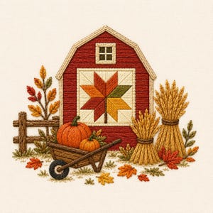 Rustic Red Barn Embroidery Design, Pumpkin Harvest Farm Fall Machine Embroidery File (Digital Download)