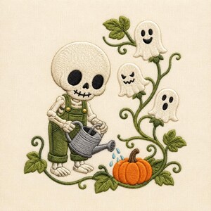 May include: An embroidery design featuring a skeleton wearing olive green overalls, holding a grey watering can. The skeleton waters an orange pumpkin attached to a green vine with three white ghost figures with black facial features.