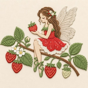 May include: Embroidered image of a fairy in a red strawberry dress, holding a strawberry. She sits on a branch with green leaves, white flowers, and red strawberries. The fairy has brown hair, wings, and green ballet slippers.