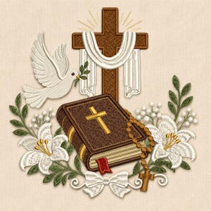May include: An embroidery design featuring a brown Bible with a gold cross, a white dove holding an olive branch, a wooden cross draped in white fabric, white lily flowers with green leaves, a brown rosary, and a white ribbon bow.