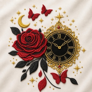 May include: Embroidered design featuring a red rose, black leaves, and a gold-framed clock with Roman numerals. Red butterflies and gold stars and a crescent moon accent the design. The design is on a cream-colored background.