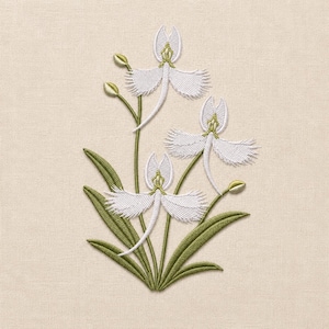 May include: Embroidered design of white flowers with delicate, fringed petals and green stems and leaves. The floral arrangement includes three open blooms and several unopened buds. The embroidery is set against a neutral, beige fabric background.