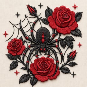 May include: An embroidery design featuring a central black spider with red accents, surrounded by three red roses, two rosebuds, and a spiderweb. The composition is accented with small, four-pointed red stars on a light, off-white fabric background.