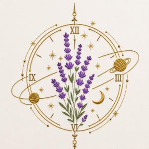 May include: An embroidery design featuring a central cluster of purple lavender sprigs with green stems. Surrounding the lavender is a gold-colored clock face with Roman numerals XII, IX, III, and VI, accented by gold stars, a crescent moon, and planets.