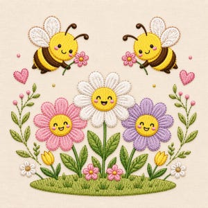 Bee Garden Embroidery Design, Cute Daisy Flower Machine Embroidery File, Spring Bee Digital Download