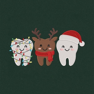 May include: Embroidered design featuring three smiling teeth. One tooth is decorated with Christmas lights, another is a reindeer with a red scarf, and the third is wearing a Santa hat. The background is a dark green color.