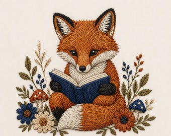 Reading Fox Embroidery Design, Woodland Animal Book Lover Boho Cottagecore Forest Floral Nursery Decor (Digital Download)