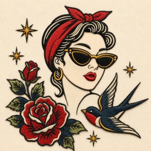Puede incluir: Un parche bordado que muestra a una persona de cabello oscuro con un pañuelo rojo, pendientes de aro dorados y gafas de sol negras. El diseño incluye una gran rosa roja con hojas verdes, una golondrina azul y cuatro estrellas amarillas.