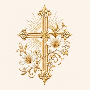 May include: A gold-colored cross with intricate floral and ornamental details. White lilies and smaller flowers are arranged around the cross, with a sunburst design emanating from behind. The design is set against a cream-colored background.
