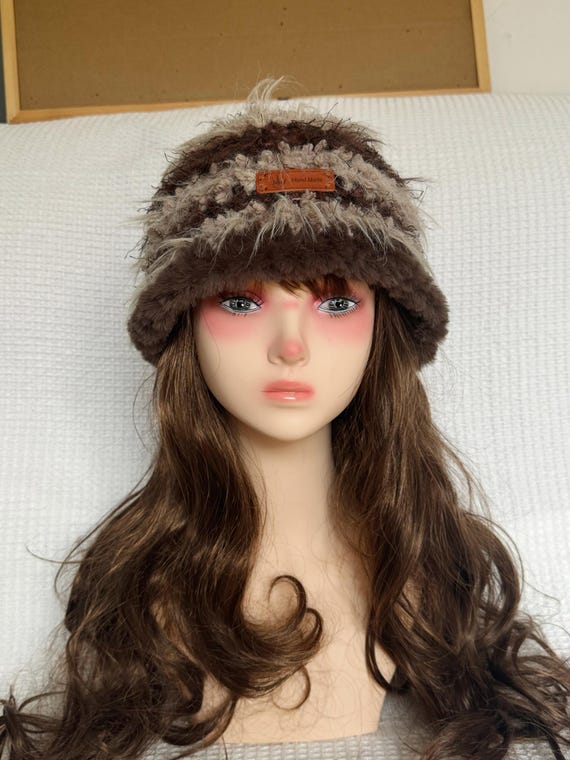Handmade Brown Cat Ear Crochet Hat – Faux Fur Brim  display picture 1