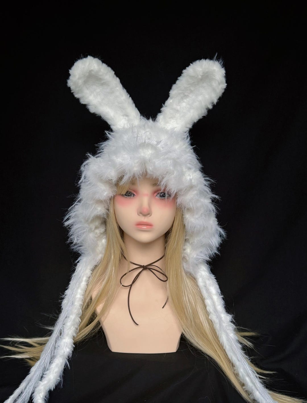 White Plush Bunny Ear Hat With Long Ties, Cute Fuzzy Rabbit Hood, Cozy ...
