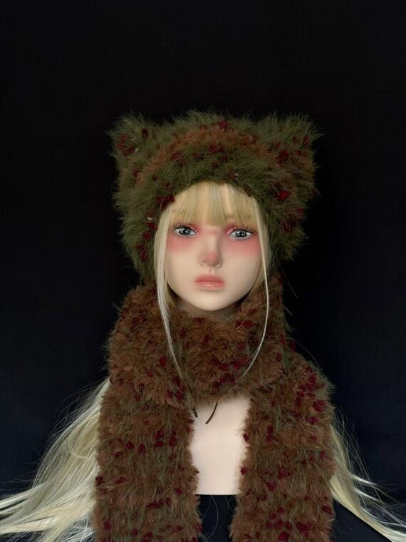 Handmade Furry Hooded Scarf With Ears– Forest Brown & Green  display picture 1
