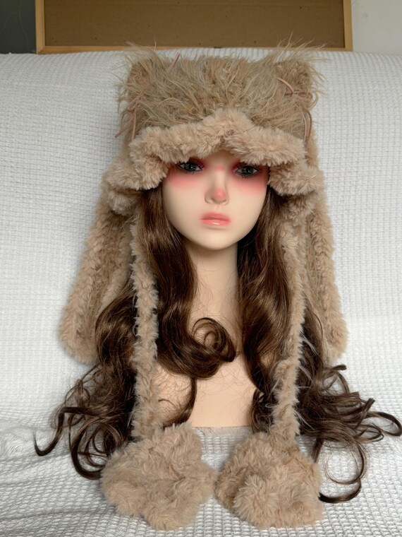 Cozy Tan Faux Fur Cat Ear Hat Cute Cat Ear Square Fuzzy Beanie,Y2K Winter Funny Kawaii Cat  main image 3