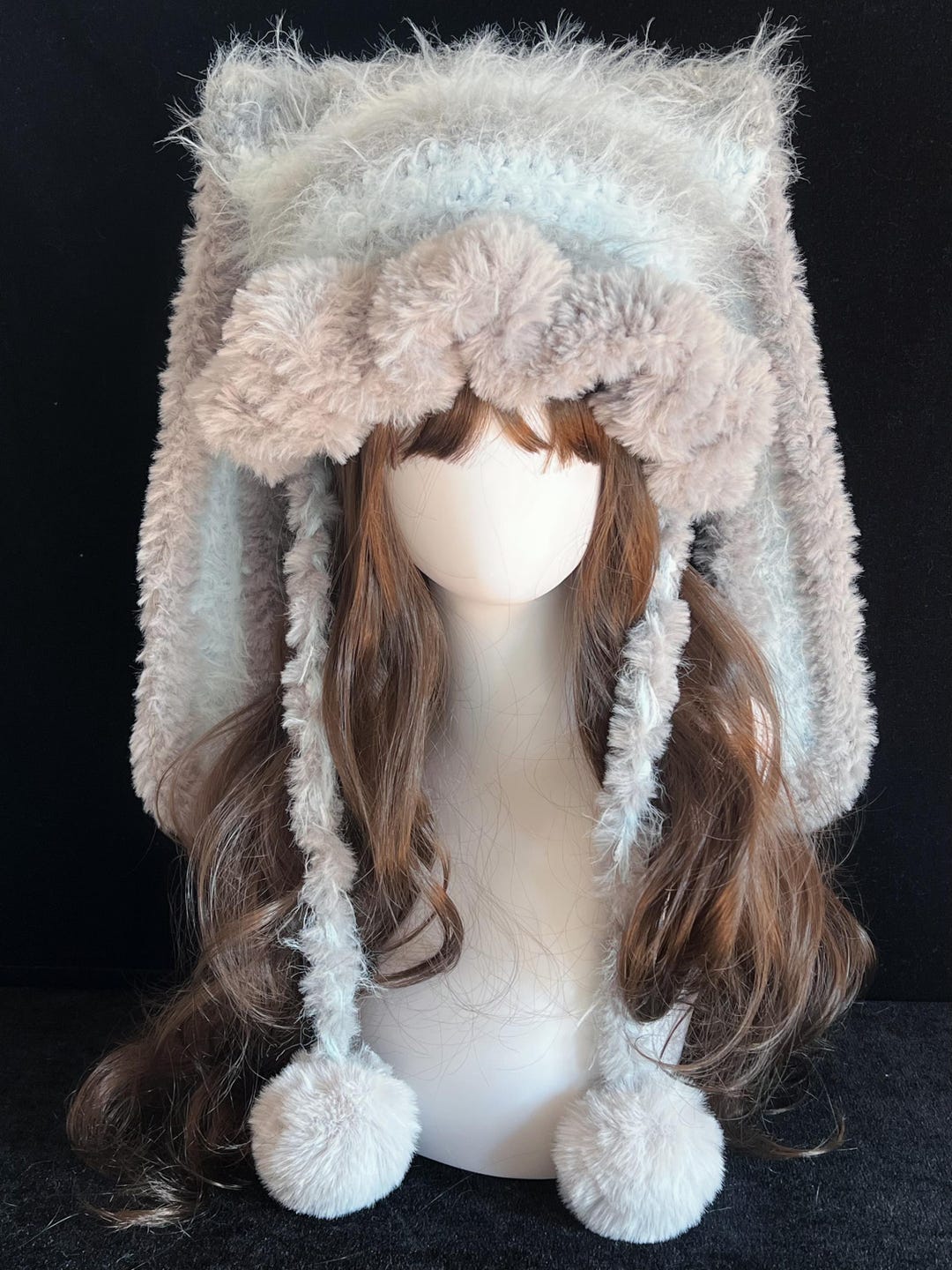 Plush Bunny Ear Hat With Pom Pom Ties, Soft Furry Winter Hood, Cute ...