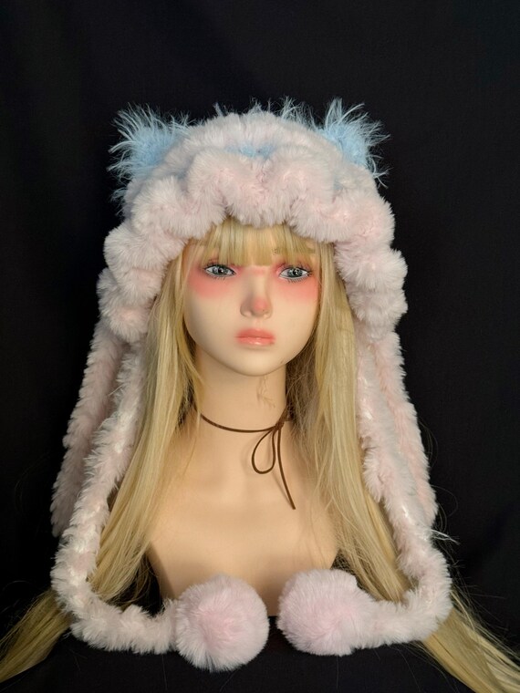 Plush Bunny Ear Faux FurLuxury Bonnet Pink & Lavender Multi Colors Buy Fluffy Bunny Ear Warmers with Moving Ears, Pastel  main image 4