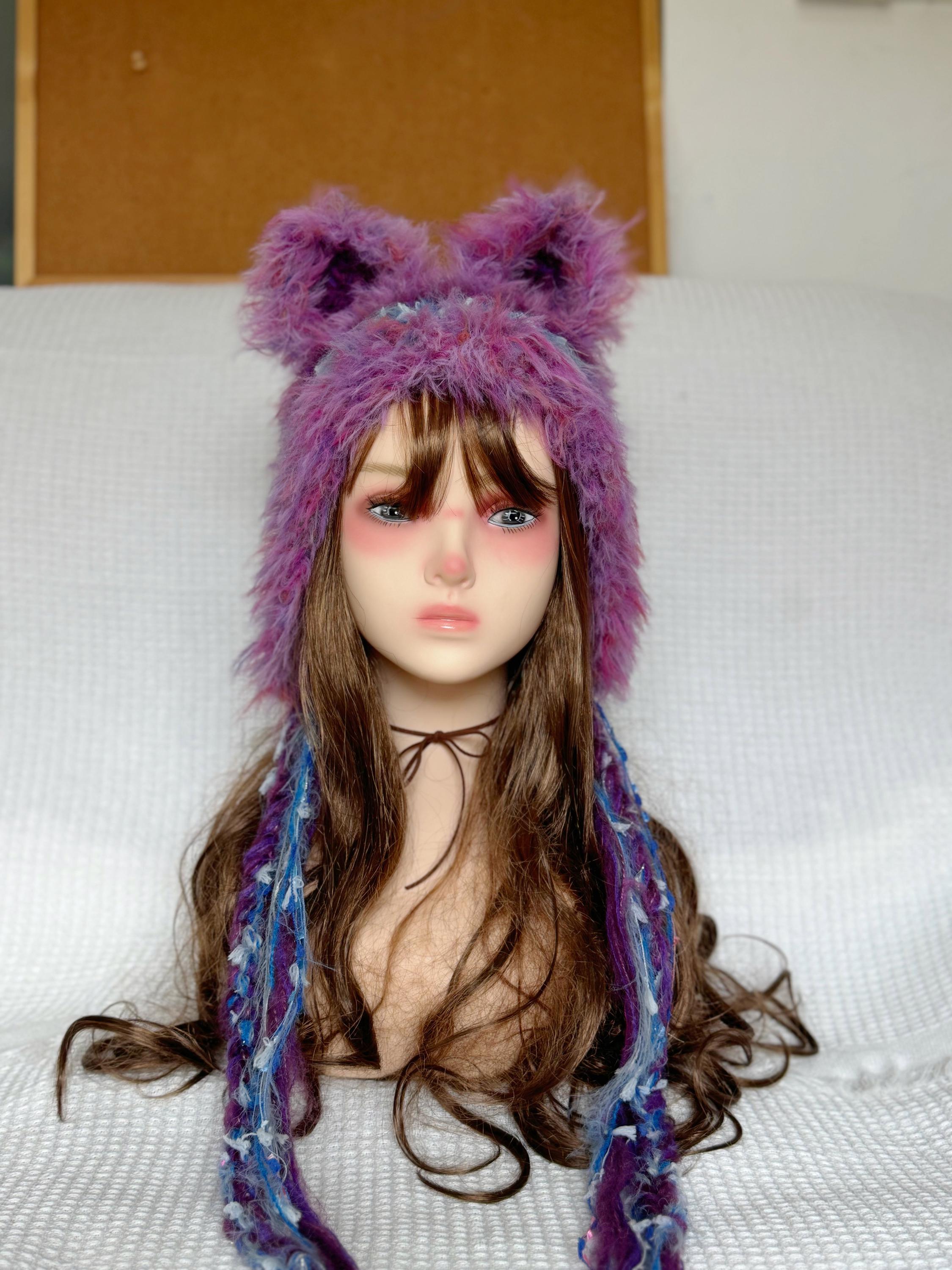 Women\'s Purple and Gray Fur Trimmed Hat NWT Purple beanie hat with multicolor shades: FurHatWorld main image 2