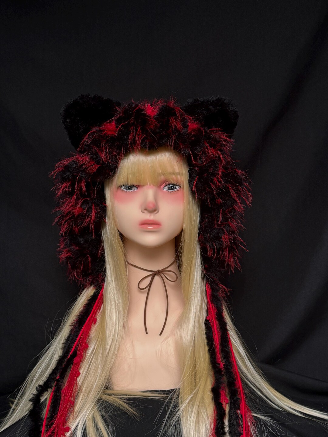 Red Black Fuzzy Cat Ear Fluffy Hat | Handmade Cute Animal Ear Winter ...