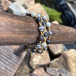 Hand Wire Wrapped Picasso Jasper Bangle Set, Boho Stackable Gemstone Bracelets