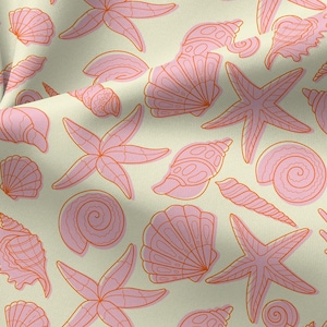 May include: A fabric featuring a repeating pattern of light pink starfish and various seashells on a pale cream background. The design includes spiral shells, fan-shaped shells, and elongated conical shells, all rendered with thin orange outlines.