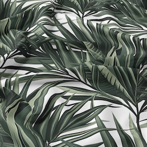 Pode incluir: Um tecido com um padrão repetido de folhas de palmeira verde escuro e verde claro sobre um fundo branco. As folhas têm uma aparência detalhada e realista, com veias visíveis e variações de cor. Ideal para decoração de casa ou vestuário.