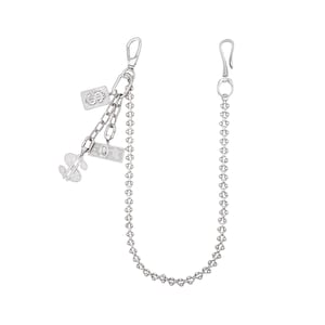 May include: A silver-toned wallet chain with a lobster clasp and a hook clasp. The chain features a series of small, round beads. Charms include a dollar sign, a credit card, and a small rectangle, all in a silver finish.