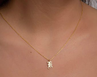 Custom Old English Initial Necklace, Sterling Silver Gothic Font Letter Minimalist Jewellery, Family Gift