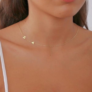 May include: A delicate gold necklace featuring the letters "N" and "A". The necklace is worn around the neck. The chain is fine and the letters are small. The necklace is a simple, elegant design.