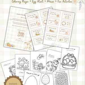Pode incluir: Um conjunto de 15 páginas imprimíveis de atividades de Páscoa para crianças, incluindo páginas para colorir, uma caça aos ovos e um labirinto. As páginas apresentam ilustrações de coelhos, ovos e pintinhos, com o texto "Atividades de Páscoa para crianças".