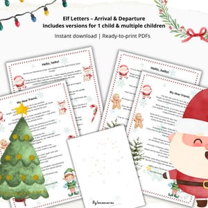 Puede incluir: Un conjunto de cartas de duendes navideños imprimibles con ilustraciones festivas. Las cartas incluyen versiones para un niño y varios niños. El diseño presenta un árbol de Navidad, Papá Noel y otros elementos navideños. El texto dice "Elf Letters - Arrival & Departure".