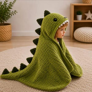 Op de afbeelding: Een lichtgroene gehaakte deken met capuchon in een dinosaurusontwerp met donkergroene stekels langs de rug en capuchon. De capuchon heeft witte tanden rond de gezichtsopening en zwarte ronde ogen aan de zijkanten.