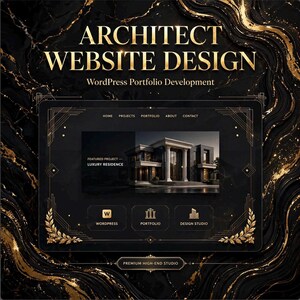以下が含まれることがあります： ARCHITECT WEBSITE DESIGNおよびWordPress Portfolio Developmentと記されたデジタルグラフィック。黒と金のマーブル模様の背景に、高級住宅の画像を含むウェブサイトのインターフェースとナビゲーションメニューが配置されています。