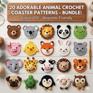 Op de afbeelding: Een digitaal PDF-pakket met 20 haakpatronen voor onderzetters in de vorm van verschillende dierengezichten, waaronder een beer, koala, leeuw, panda, kikker, varken, kuiken, vos, konijn, kat, olifant, giraf, koe, egel, tijger, mopshond, schildpad, pinguïn, schaap en uil.