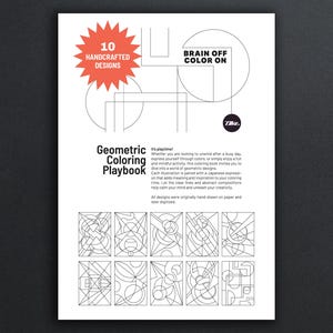 May include: A white coloring book titled "Geometric Coloring Playbook" with 10 handcrafted designs. The cover features geometric line art and the text "Brain Off Color On." The Zilke logo is visible. The book's pages contain geometric designs.