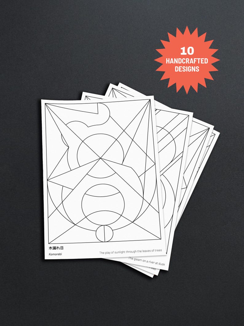 May include: A stack of white cards with geometric line art designs. The cards have text that reads "Komorebi", "The play of sunlight through the leaves of trees", and "The gleam on a river at dusk". A red burst shape with the text "10 HANDCRAFTED DESIGNS" is in the upper right corner.