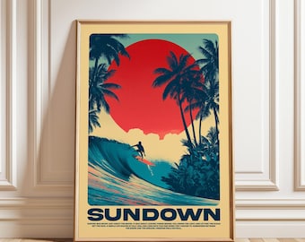 Sundown – Vintage Surf Art Print, Tropical Surfing Poster for Coastal Decor