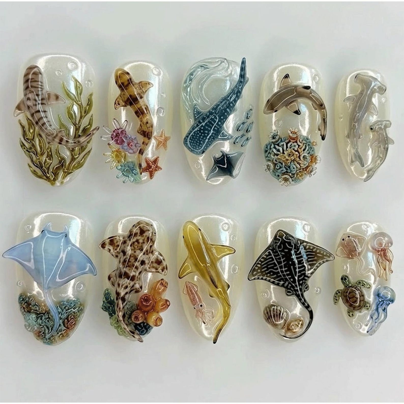 Ocean Life Press On Nails, 3D Marine Animal Nail Set, Whale Shark Dolphin Stingray Nails, Sea Creature Handmade Nails, Coastal Summer Nails