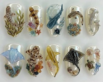 Ocean Life Press On Nails, 3D Marine Animal Nail Set, Whale Shark Dolphin Stingray Nails, Sea Creature Handmade Nails, Coastal Summer Nails