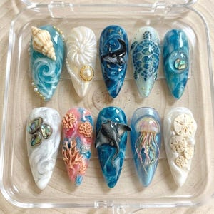 Luxury Ocean Press On Nails | 3D Sea Life Nail Art | Shell Turtle Whale Jellyfish Mermaid | Handmade Press On Nails Set
