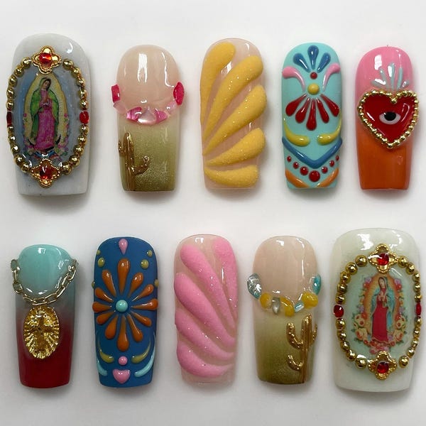 Our Lady of Guadalupe Press On Nails, Religious Virgin Mary Nail Art, Sacred Heart-Cactus Mexican Style Nails, Colorful Spiritual Fake Nails