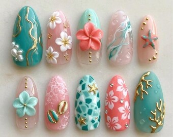 Pastellfarbene Ozean-Press-On-Nägel | Tropische Strandnägel mit Blumen-, Seestern- und Muscheldesign | Süßes, handgemachtes Sommernagelset – das perfekte Geschenk für Sie