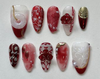 Handmade Oriental Red Press On Nails | 3D Gold Chain & Peony Design | Lunar New Year Chinese Luxury Nail Art Set