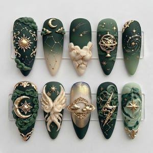 Celestial Astrology Press On Nails, 3D Gold Universe Manicure, Handmade Mystic Galaxy Fake Nails, Witchy Astronomy Art Set