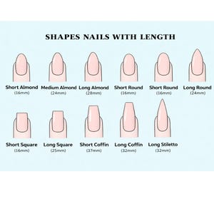 K&ouml;nnte beinhalten: Eine Illustration, die verschiedene Nagelformen mit ihren L&auml;ngen in Millimetern zeigt. Die Formen umfassen Short Almond, Medium Almond, Long Almond, Short Round, Long Round, Short Square, Long Square, Short Coffin, Long Coffin und Long Stiletto.