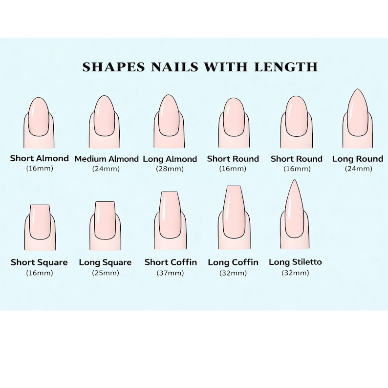 K&ouml;nnte beinhalten: Eine Illustration, die verschiedene Nagelformen mit ihren L&auml;ngen in Millimetern zeigt. Die Formen umfassen Short Almond, Medium Almond, Long Almond, Short Round, Long Round, Short Square, Long Square, Short Coffin, Long Coffin und Long Stiletto.