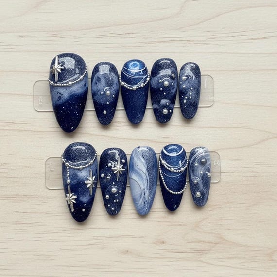 Galaxy Press On Nails | Celestial Star Nails | Midnight Blue Glitter Nails | 3D Pearl Crystal Nails | Handmade Gel Press On Set