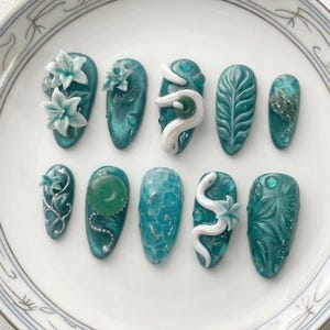 Emerald Green Press On Nails | 3D Floral Leaf Nails | Mermaid Ocean Nails | Glossy Handmade Nails | Luxury Nature Inspired Acrylic Nail Set